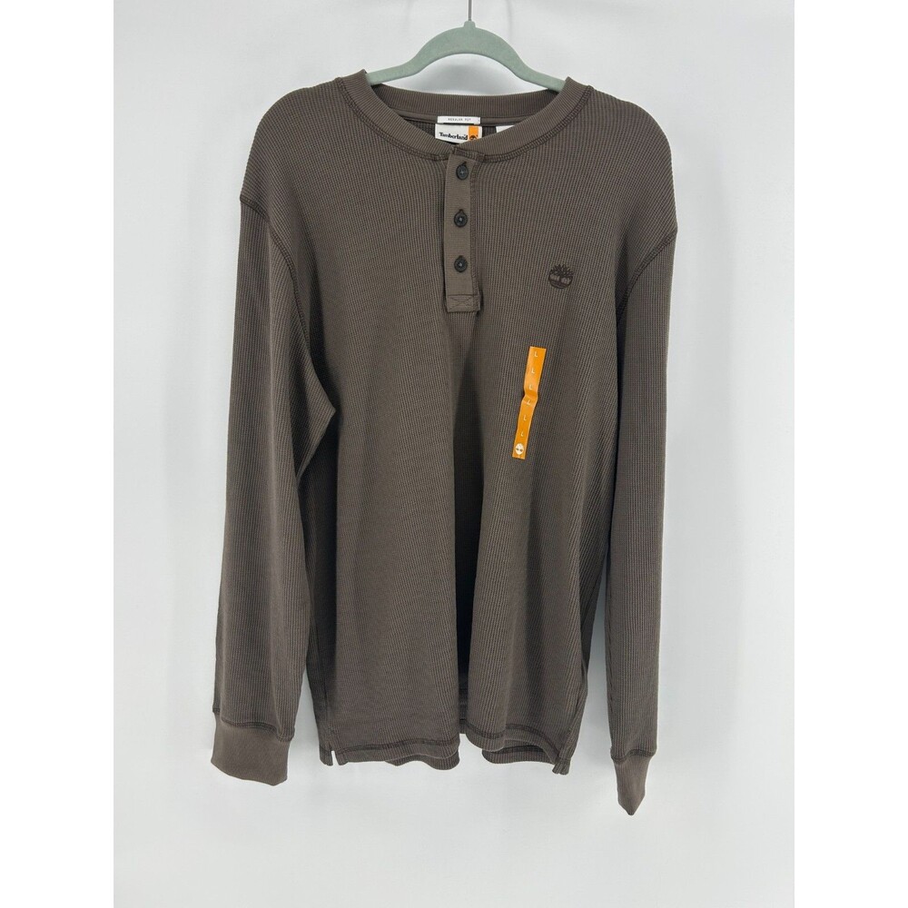NWT Timberland Henley Shirt Men's L Brown Waffle Knit Long Sleeve Thermal Shirt